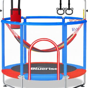 55IN 6FT Indoor&Outdoor with Enclosure Trampoline for Kids Gift (Blue / Red – 55IN – 6-in-1)