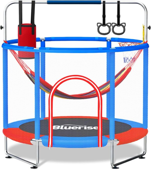 55IN 6FT Indoor&Outdoor with Enclosure Trampoline for Kids Gift (Blue / Red – 55IN – 6-in-1)